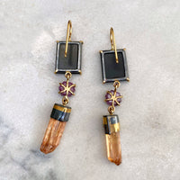 Art Deco Graphic Cameo Earrings with Ruby Record Keepers and Raw Imperial Topaz Crystals